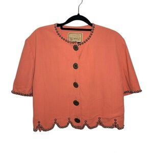 Double D Ranch Coral Orange Studded Scallop Hem Button Front Top XS